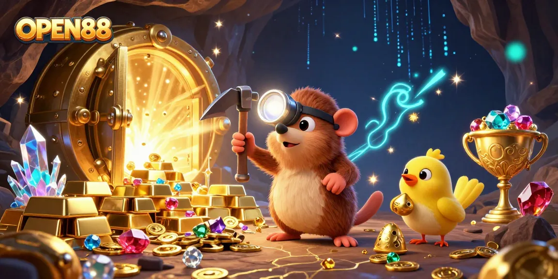 OPEN88 offers a thrilling treasure hunt with a mole and canary in a dazzling casino cave full of gems.