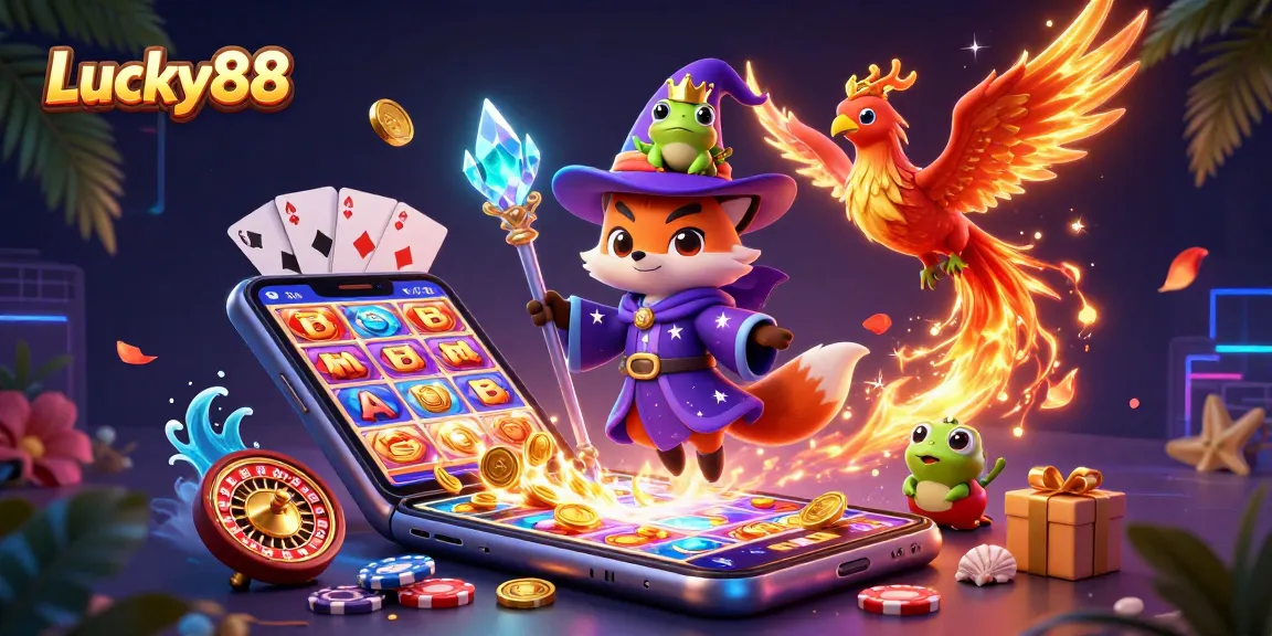 Experience Lucky88 gaming excitement with mystical characters in a vibrant casino scene filled with 3D slots.