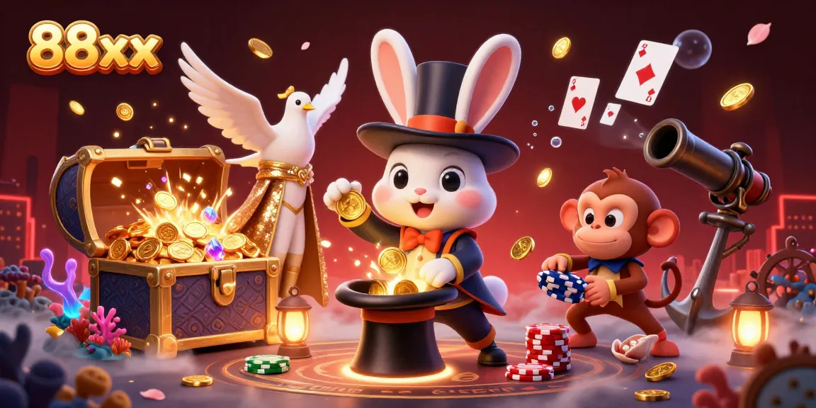 Experience the excitement of 88xx gaming with a magician rabbit pulling golden coins in an enchanting 3D scene.