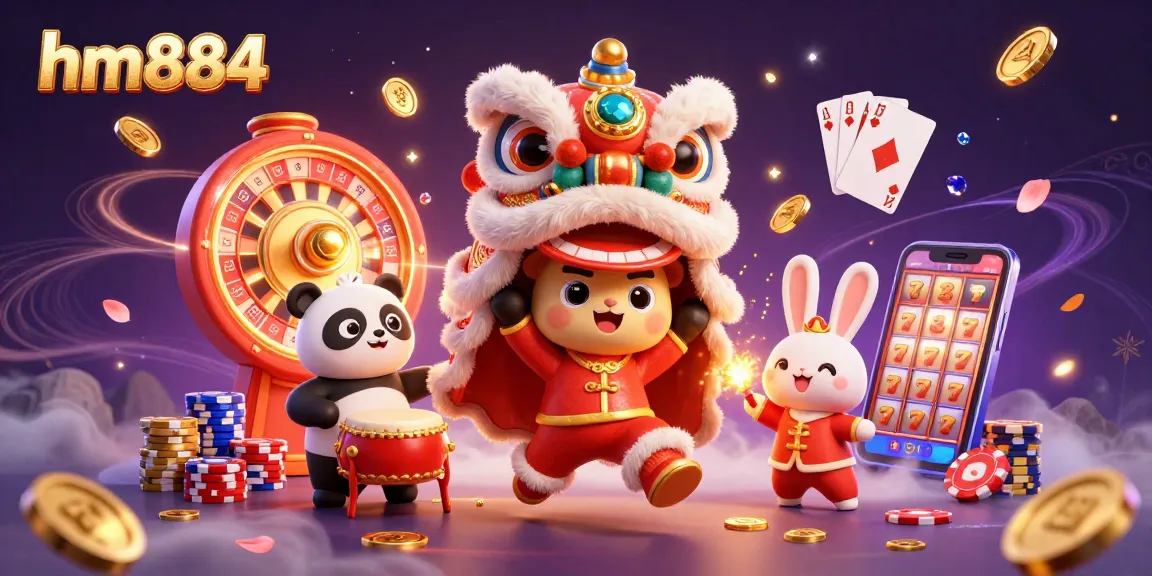 Engage in thrilling gameplay at hm884 with festive lion dancers, coins, and gaming excitement.