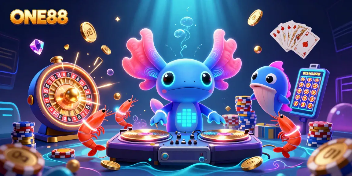 Engage with ONE88's vibrant casino experience featuring lively characters, gold coins, and a spinning roulette wheel.