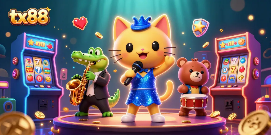 Experience thrilling gameplay with tx88 as a jazz-singer cat, saxophone crocodile, and drum bear unite!