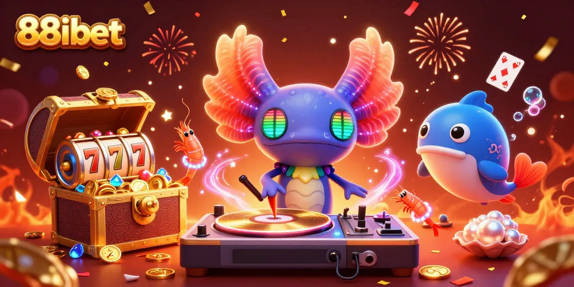 Engage with the lively 88ibet casino scene featuring a neon axolotl DJ spinning reels and an underwater celebration.
