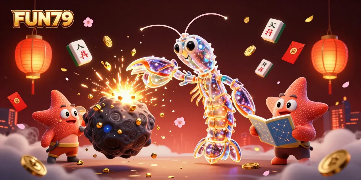 Explore FUN79 with a vibrant illustration of a galactic shrimp and starfish amidst casino elements