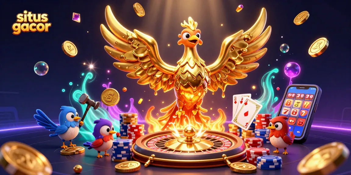 Experience situs gacor with an energetic illustration of a golden phoenix and game elements.