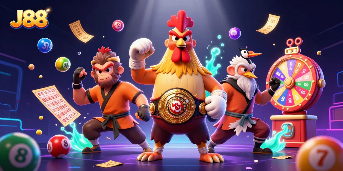 J88 detours with lottery balls and game elements featuring a rooster and monkey champions.