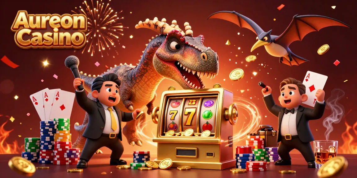Aureon Casino features a lively scene with a dinosaur jackpot celebration, showcasing dynamic gaming elements and vibrant action.