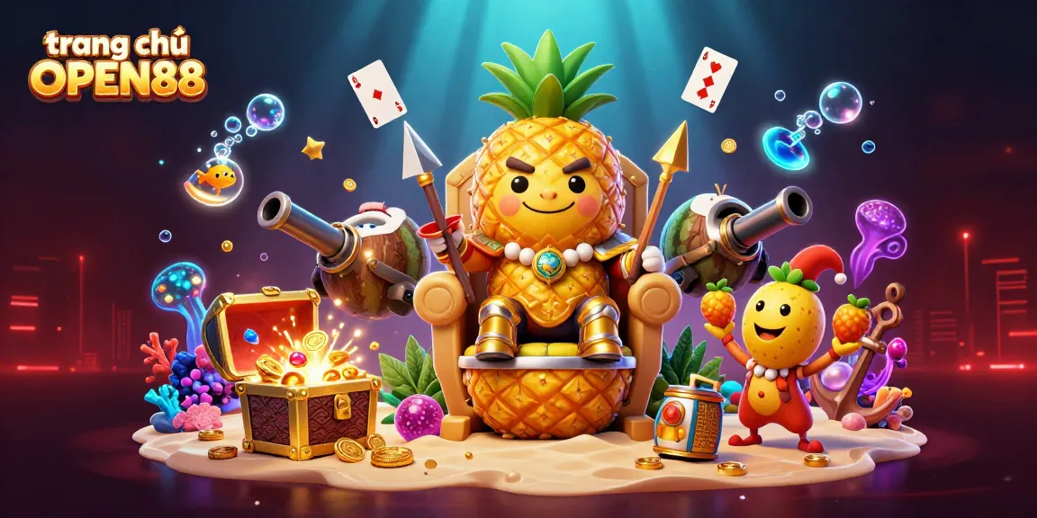 Engage with the excitement at trang chủ OPEN88 where a golden pineapple king reigns over a vibrant beach casino.