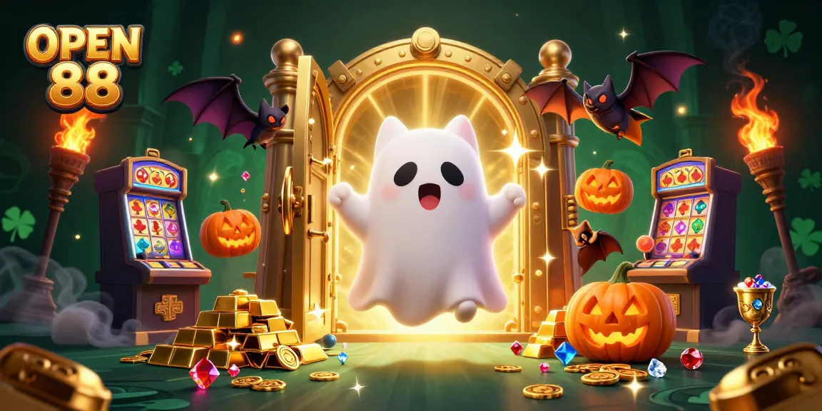 Immerse in OPEN 88's thrilling casino adventure featuring a ghost cat, vampire bat, and glowing treasures.